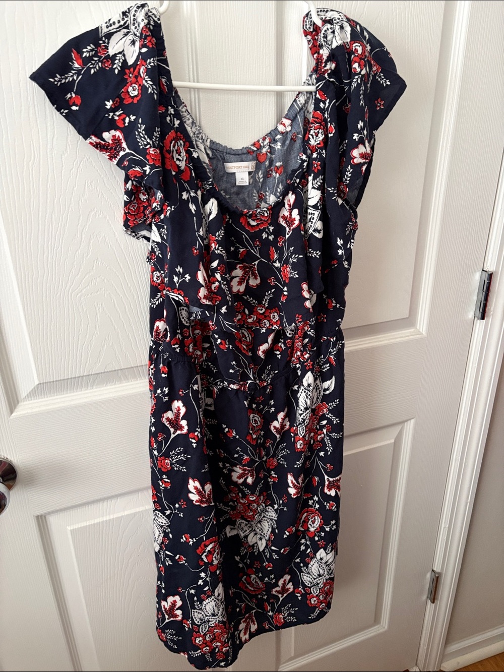 Women’s Navy Floral Ruffled Short Sleeve Dress - Red & White Print